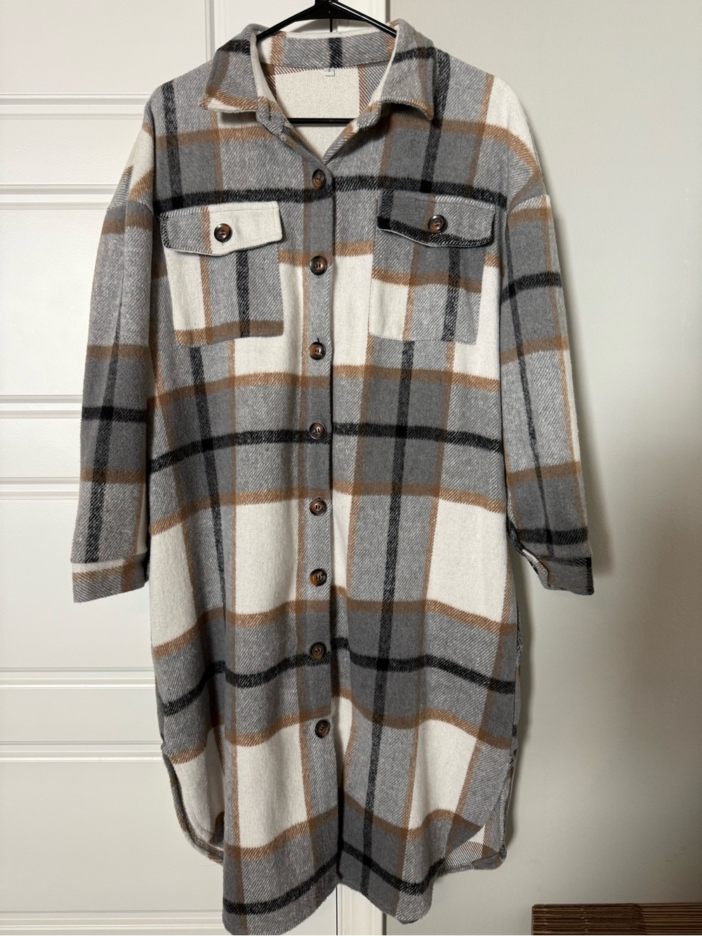 Amazon Plaid Long Button-Front Shacket in Gray, White & Brown